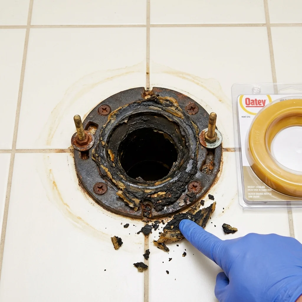Failed wax ring showing water seepage at the base of a toilet in a Lakewood, NY home