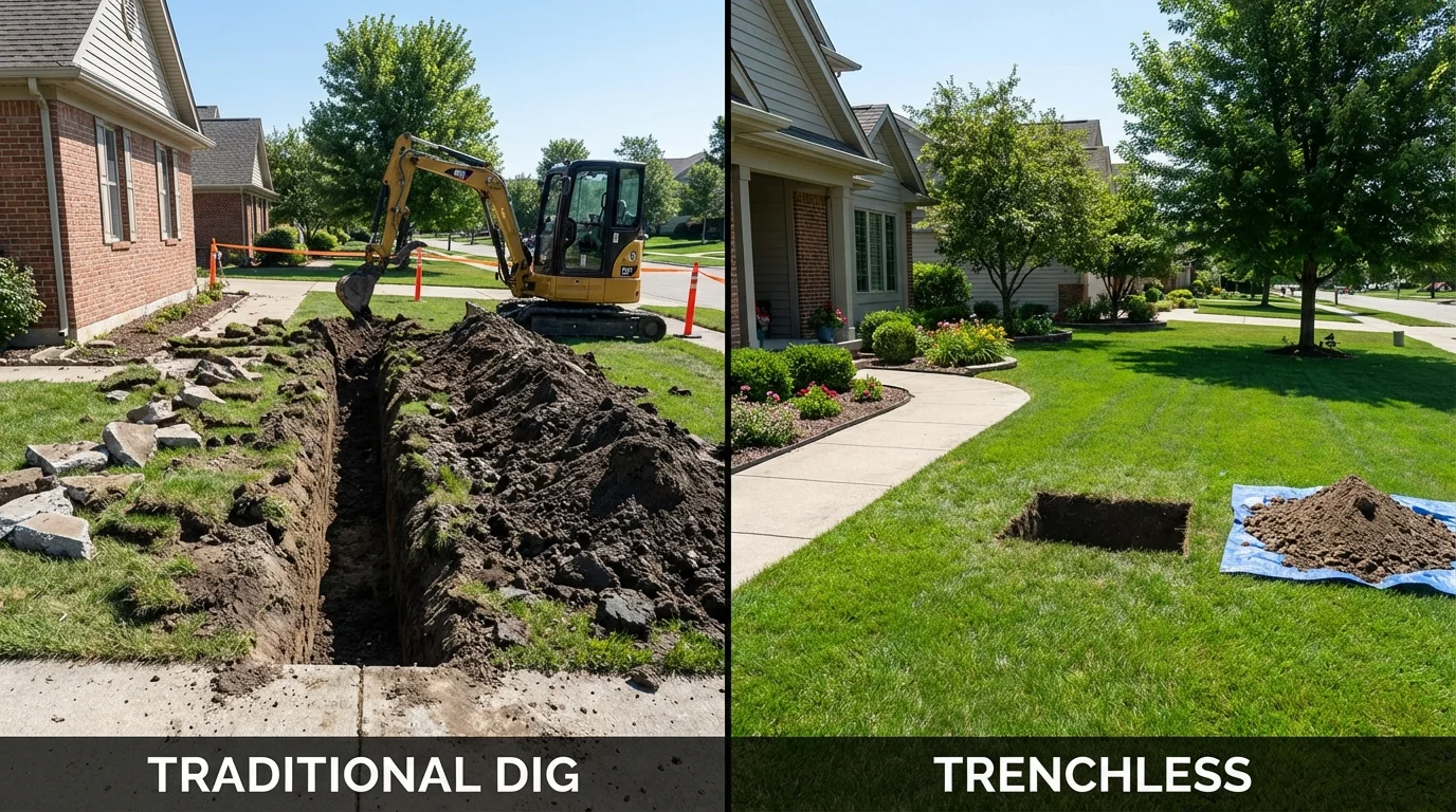 Trenchless sewer repair with minimal yard damage versus traditional excavation in Lakewood, NY