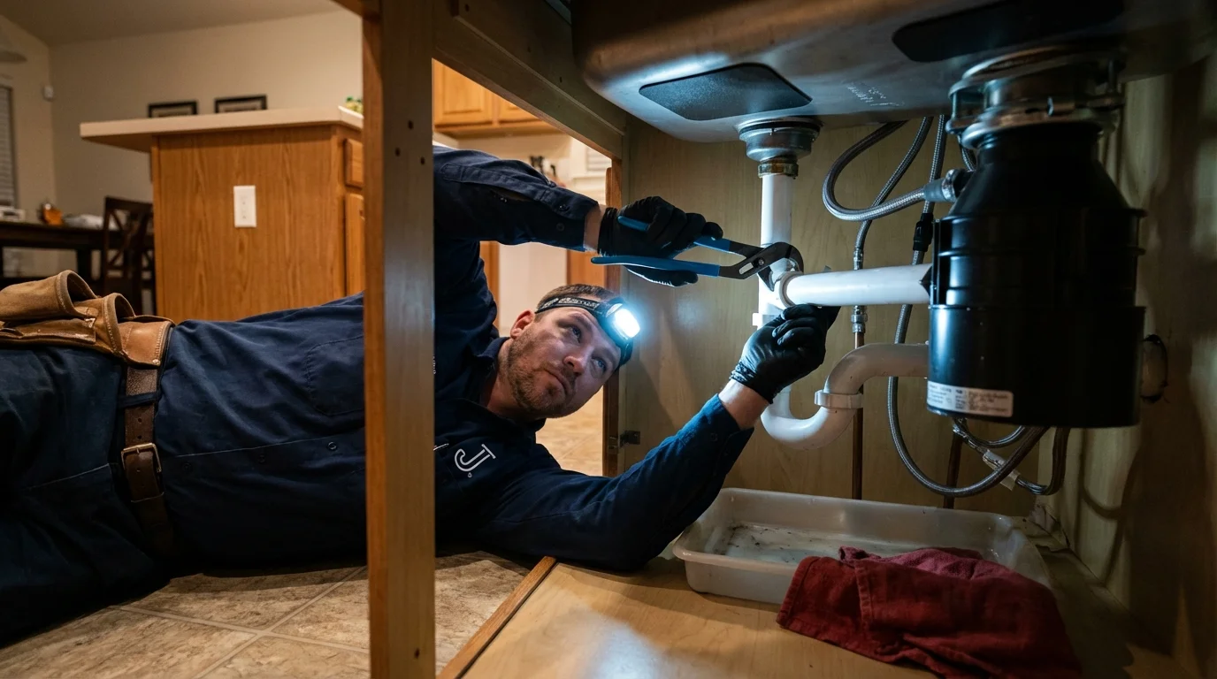P-trap and supply line connections under a kitchen sink showing a common leak point in Lakewood, NY